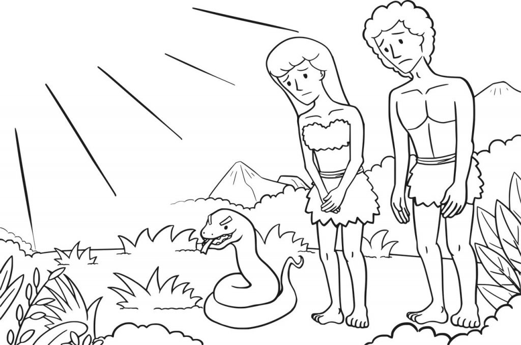 Obrazek rysunkowy, na którym jest Ewa, Adam i wąż, jako symbol wstyd