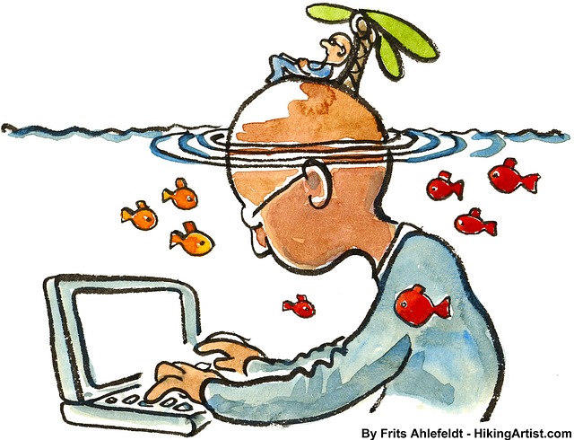 Obrazek przedstawiający człowieka przed komputerem, a na czubku błowy ma innego człowieka i palmę jako oblicza samoutrudniania